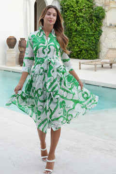 Audrey Dress #4 Shirt Collar 3/4 Sleeve Midi Length Cotton Musola (Secretariat Horse White Bright)