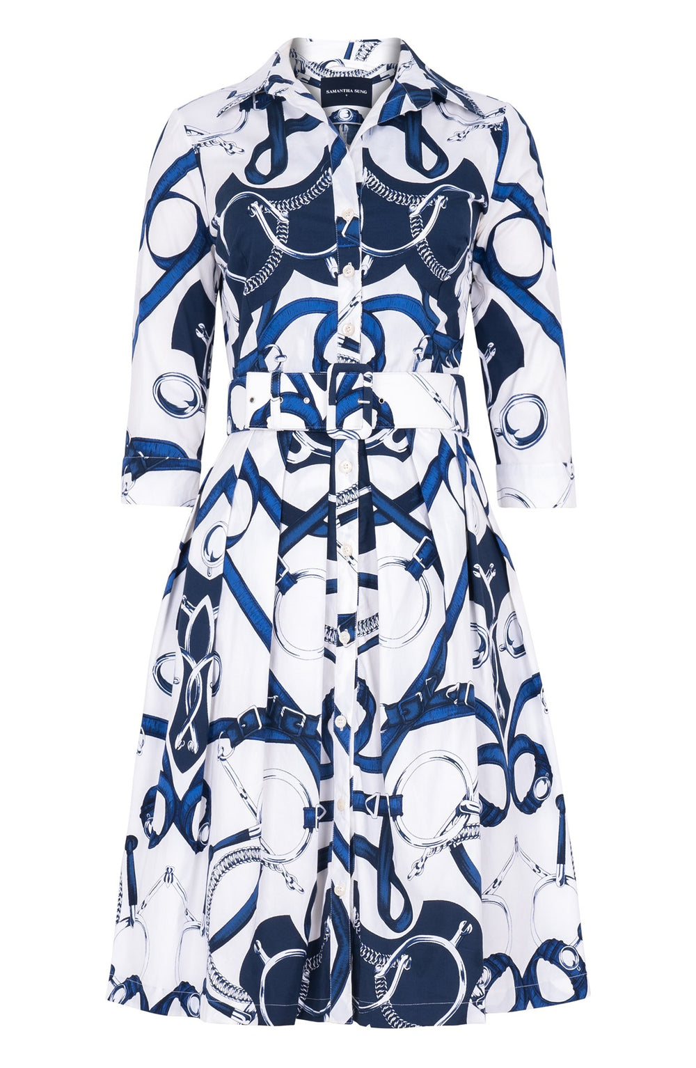 Audrey Dress #1 Shirt Collar 3/4 Sleeve Regular Length Cotton Stretch (Secretariat Horse White Bright)