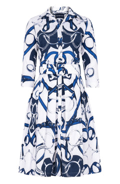 Audrey Dress #1 Shirt Collar 3/4 Sleeve Regular Length Cotton Stretch (Secretariat Horse White Bright)