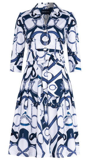 Audrey Dress #1 Shirt Collar 3/4 Sleeve Long Length Cotton Stretch (Secretariat Horse White Pastel)