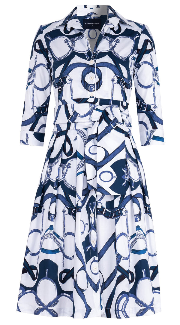 Audrey Dress #1 Shirt Collar 3/4 Sleeve Long Length Cotton Stretch (Secretariat Horse White Pastel)