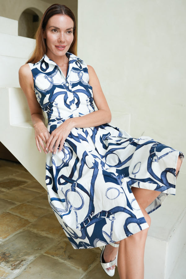 Audrey Dress #1 Shirt Collar Sleeveless Regular Length Cotton Stretch (Secretariat Horse White Pastel)