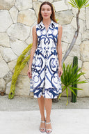 Audrey Dress #1 Shirt Collar Sleeveless Regular Length Cotton Stretch (Secretariat Horse White Pastel)