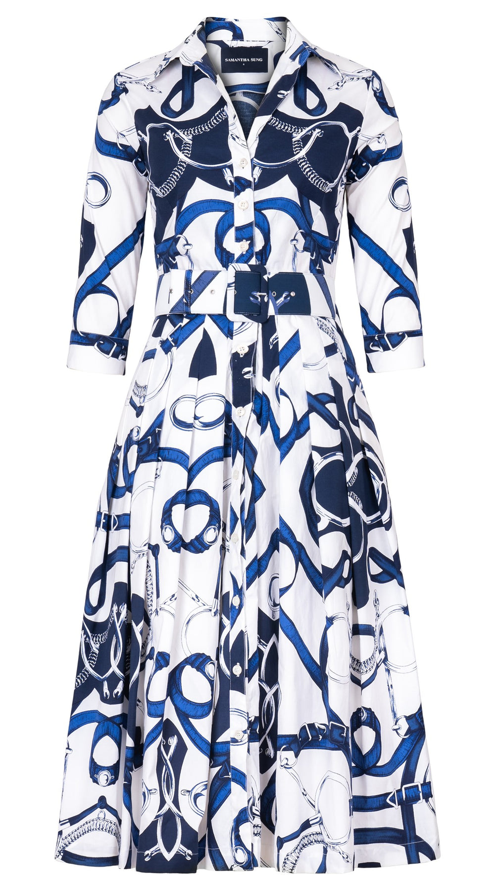 Audrey Dress #2 Shirt Collar 3/4 Sleeve Midi Length Cotton Stretch (Secretariat Horse White Bright)