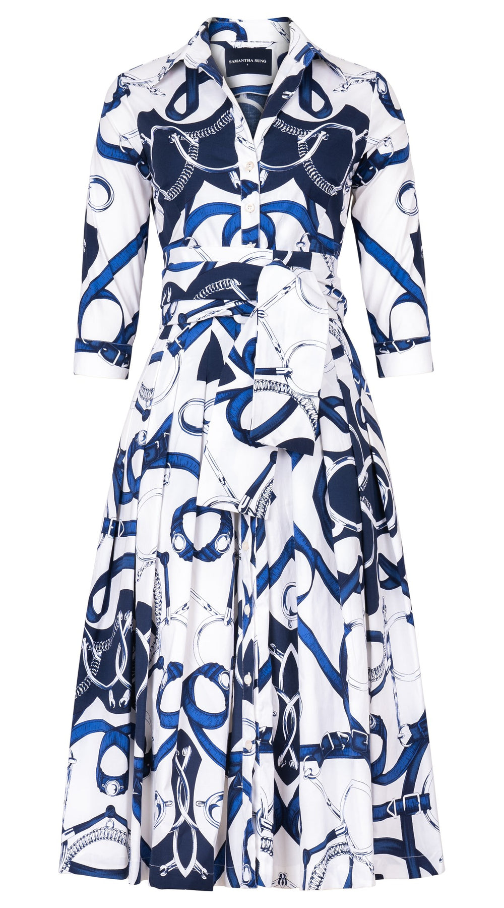 Audrey Dress #2 Shirt Collar 3/4 Sleeve Midi Length Cotton Stretch (Secretariat Horse White Bright)