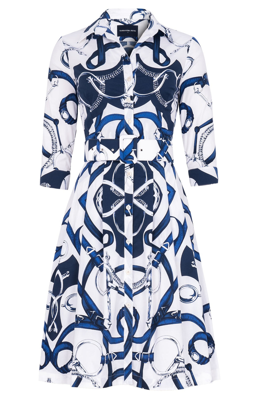 Audrey Dress #3 Shirt Collar 3/4 Sleeve Regular Length Cotton Stretch (Secretariat Horse White Bright)