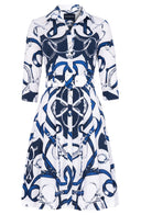 Audrey Dress #3 Shirt Collar 3/4 Sleeve Regular Length Cotton Stretch (Secretariat Horse White Bright)