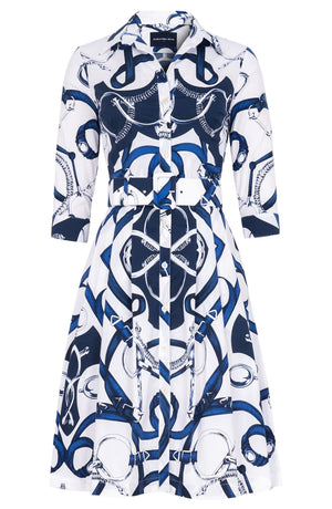 Audrey Dress #3 Shirt Collar 3/4 Sleeve Regular Length Cotton Stretch (Secretariat Horse White Bright)