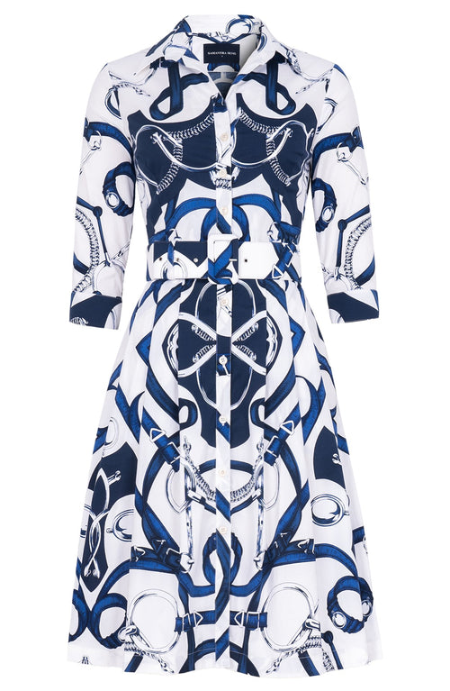 Audrey Dress #3 Shirt Collar 3/4 Sleeve Regular Length Cotton Stretch (Secretariat Horse White Bright)