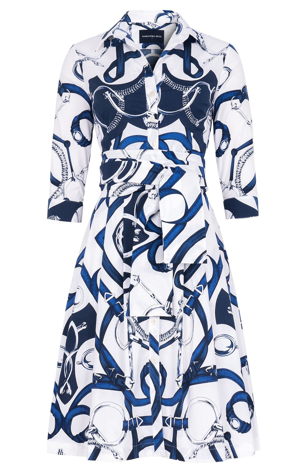 Audrey Dress #3 Shirt Collar 3/4 Sleeve Regular Length Cotton Stretch (Secretariat Horse White Bright)