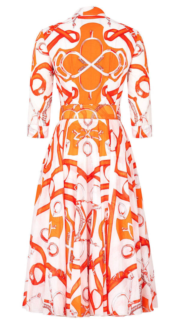 Aster Dress Shirt Collar 3/4 Sleeve Midi Length Cotton Musola (Secretariat Horse White Bright)