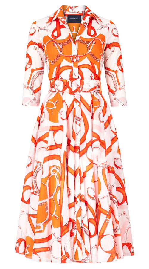 Aster Dress Shirt Collar 3/4 Sleeve Midi Length Cotton Musola (Secretariat Horse White Bright)