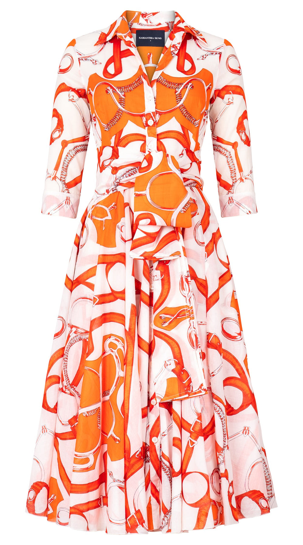 Aster Dress Shirt Collar 3/4 Sleeve Midi Length Cotton Musola (Secretariat Horse White Bright)