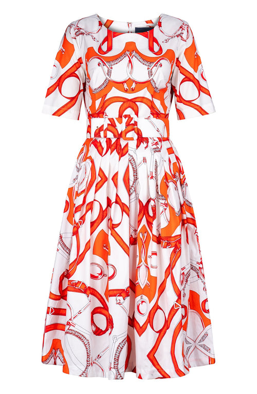 Florance Dress #2 Round Neck 1/2 Sleeve Long Length Cotton Stretch (Secretariat Horse White Pastel)