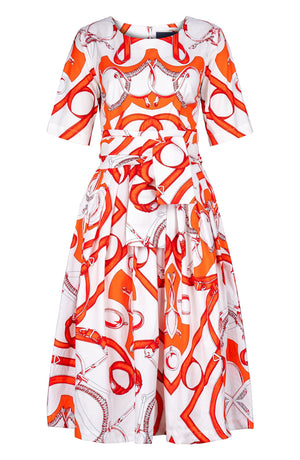 Florance Dress #2 Round Neck 1/2 Sleeve Long Length Cotton Stretch (Secretariat Horse White Pastel)
