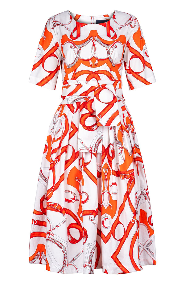 Florance Dress #2 Round Neck 1/2 Sleeve Long Length Cotton Stretch (Secretariat Horse White Pastel)