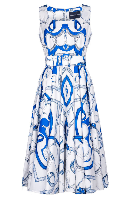 Abelia Dress U Neck Sleeveless Long +3 Length Cotton Stretch (Secretariat Horse White Pastel)