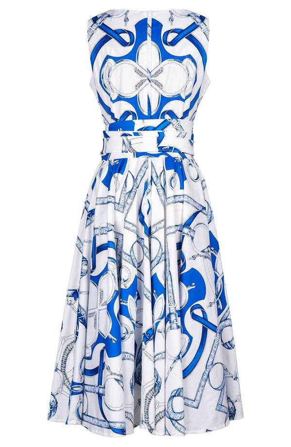 Abelia Dress U Neck Sleeveless Long +3 Length Cotton Stretch (Secretariat Horse White Pastel)
