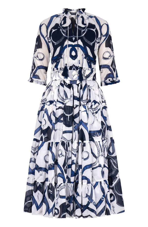 Eva Dress Crew Neck 3/4 Sleeve Midi Length Cotton Musola (Secretariat Horse White Bright)