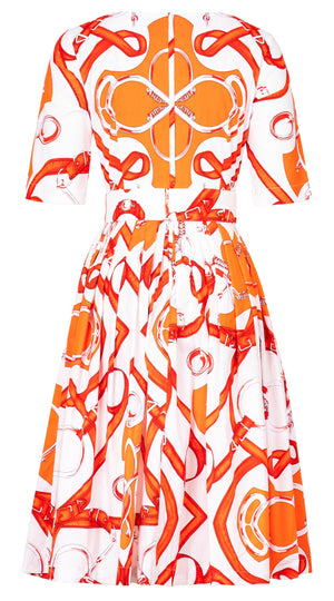 Florance Dress #2 Round Neck 1/2 Sleeve Long Length Cotton Stretch (Secretariat Horse White Bright)