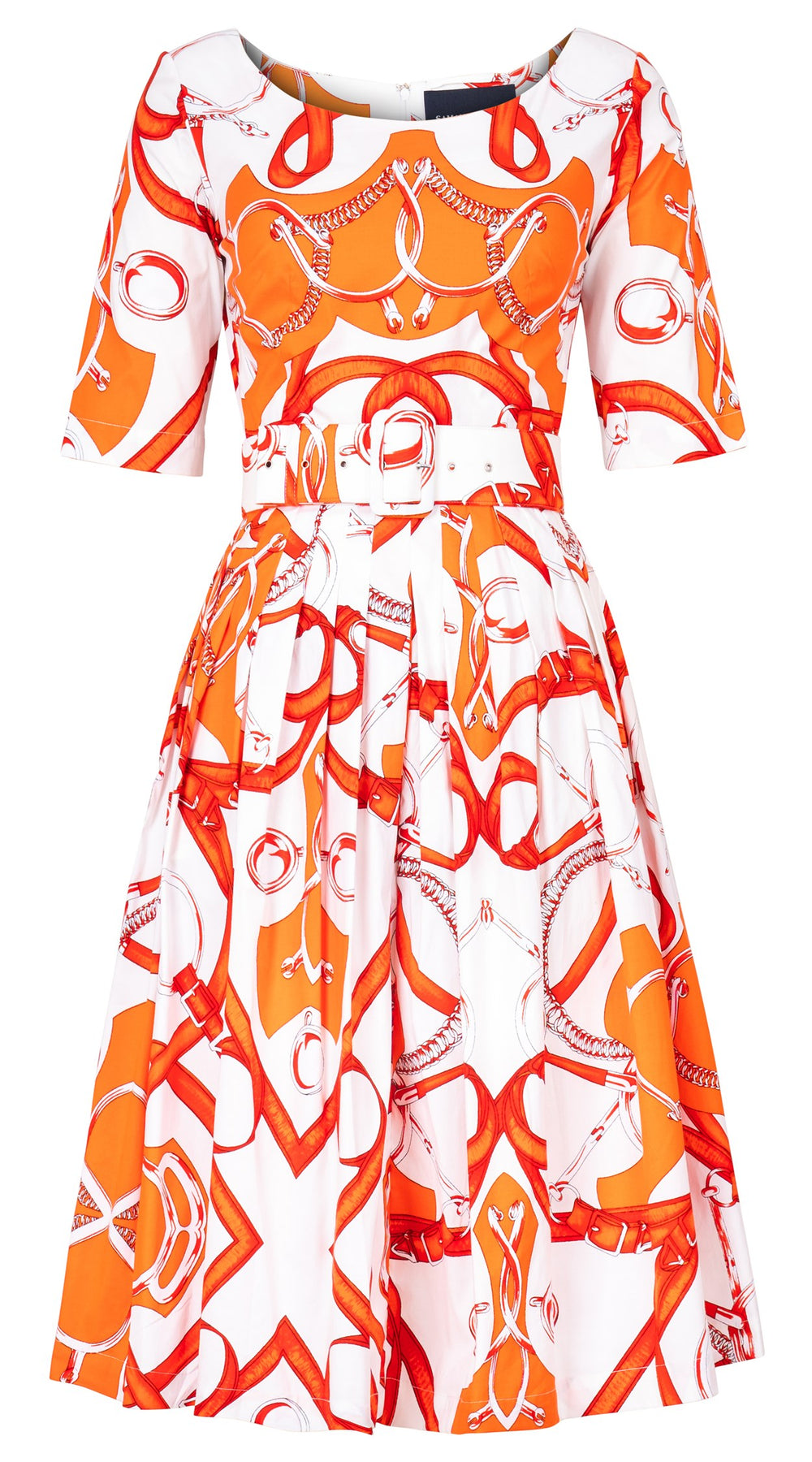 Florance Dress #2 Round Neck 1/2 Sleeve Long Length Cotton Stretch (Secretariat Horse White Bright)