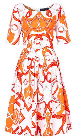 Florance Dress #2 Round Neck 1/2 Sleeve Long Length Cotton Stretch (Secretariat Horse White Bright)