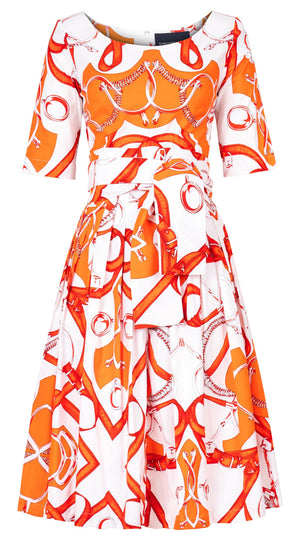 Florance Dress #2 Round Neck 1/2 Sleeve Long Length Cotton Stretch (Secretariat Horse White Bright)