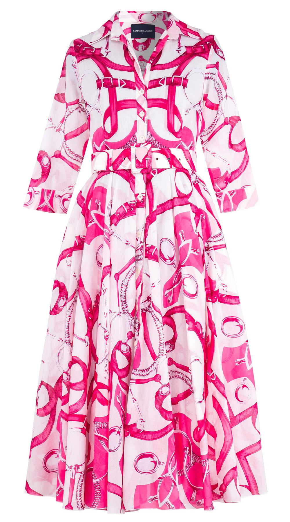 Aster Dress Shirt Collar 3/4 Sleeve Midi Length Cotton Musola (Secretariat Horse White Pastel)