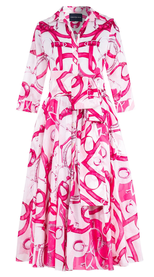 Aster Dress Shirt Collar 3/4 Sleeve Midi Length Cotton Musola (Secretariat Horse White Pastel)