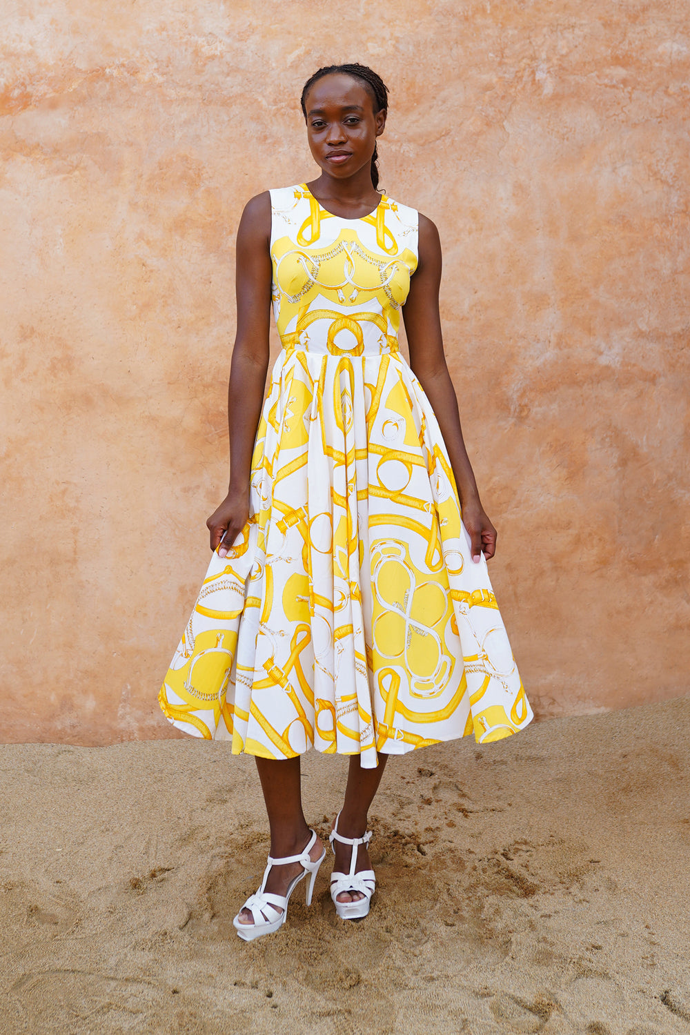 Abelia Dress Crew Neck Sleeveless Midi Length Cotton Stretch (Secretariat Horse White Bright)