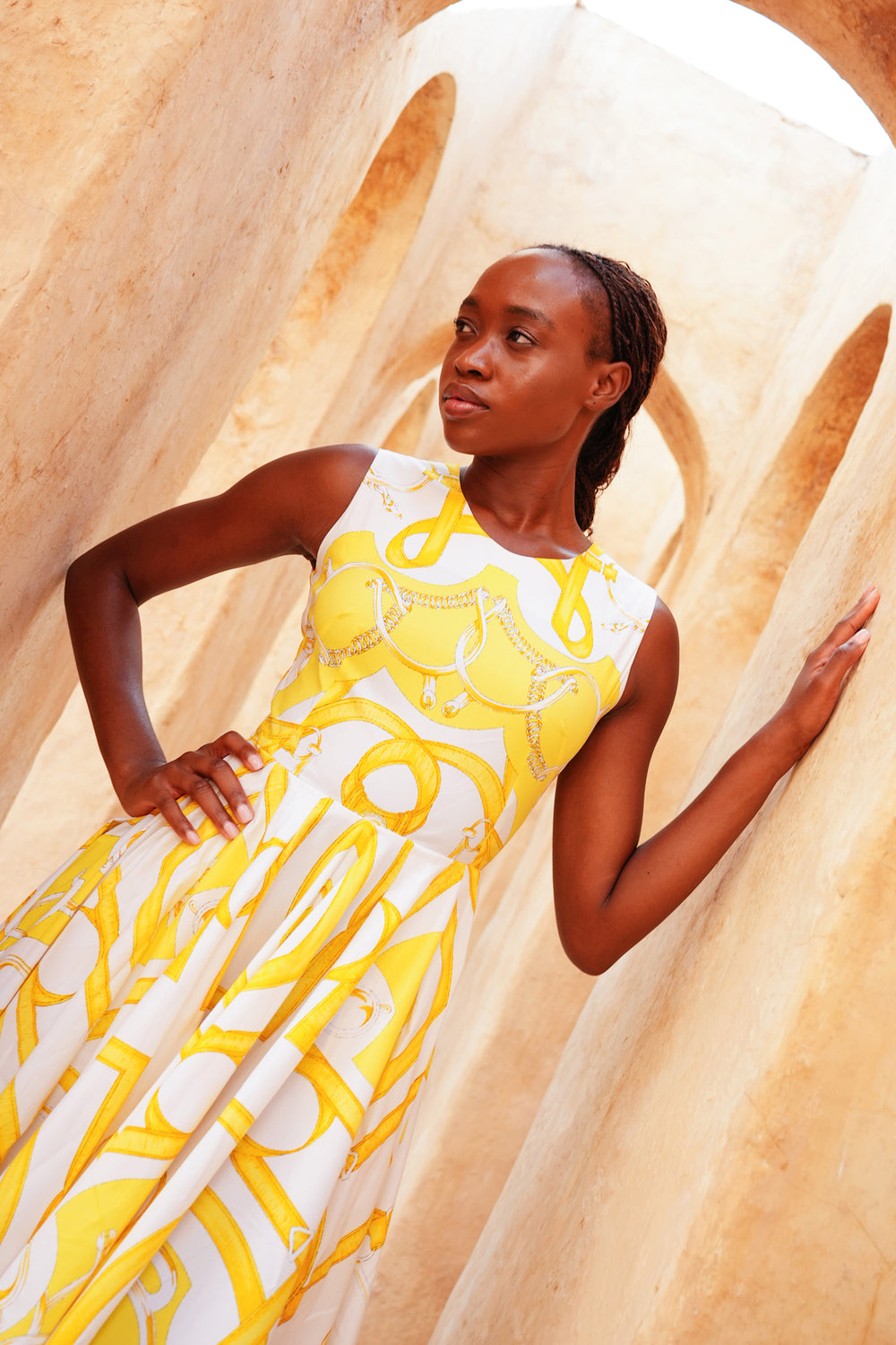 Abelia Dress Crew Neck Sleeveless Midi Length Cotton Stretch (Secretariat Horse White Bright)