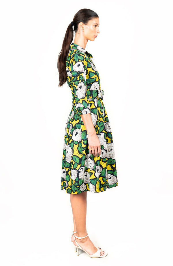 Audrey Dress #1 Shirt Collar 3/4 Sleeve Long Length Cotton Stretch (Sheer Bliss Rose)