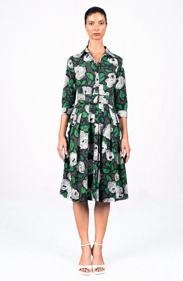 Audrey Dress #1 Shirt Collar 3/4 Sleeve Long Length Cotton Stretch (Sheer Bliss Rose)