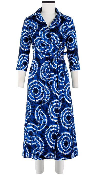 Olivia Dress Shirt Collar 3/4 Sleeve Midi Length Cotton Stretch (Shibori Aka)