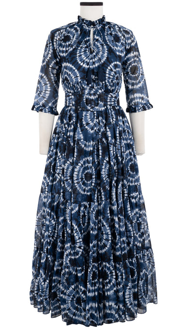 Eden Dress Crew Neck 3/4 Sleeve with Hamilton Belt Maxi Length Cotton Musola (Shibori Aka)