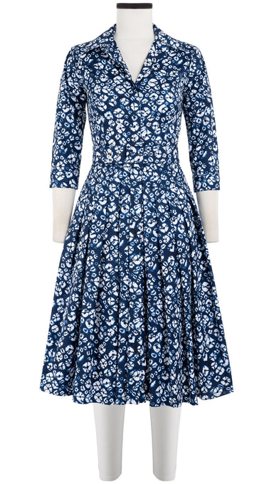 Audrey Dress #4 Shirt Collar 3/4 Sleeve Long Length Cotton Stretch (Shibori Blooom)