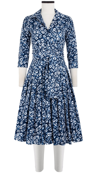Audrey Dress #4 Shirt Collar 3/4 Sleeve Long Length Cotton Stretch (Shibori Blooom)