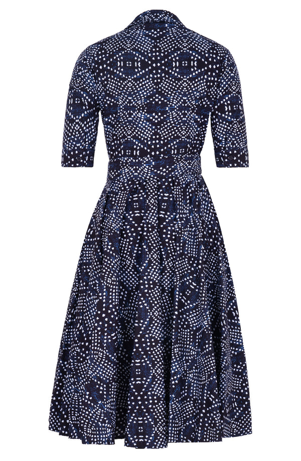 Amber Dress Shirt Collar 1/2 Sleeve Long Length Cotton Stretch (Shibori Boho)