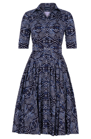 Amber Dress Shirt Collar 1/2 Sleeve Long Length Cotton Stretch (Shibori Boho)