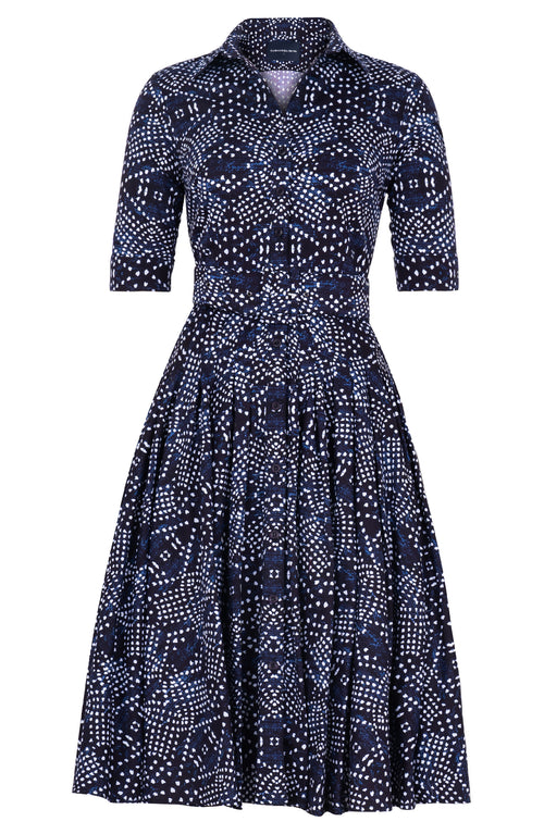 Amber Dress Shirt Collar 1/2 Sleeve Long Length Cotton Stretch (Shibori Boho)