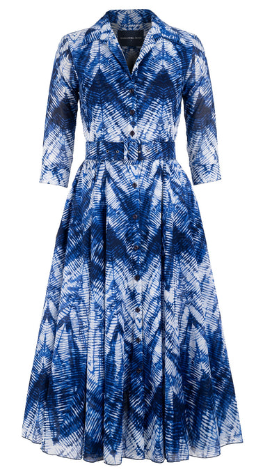 Avenue Dress Shirt Collar 3/4 Sleeve Midi Length Cotton Musola (Shibori Chevron)