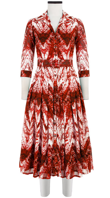Audrey Dress #4 Shirt Collar 3/4 Sleeve Midi Length Cotton Musola (Shibori Chevron)