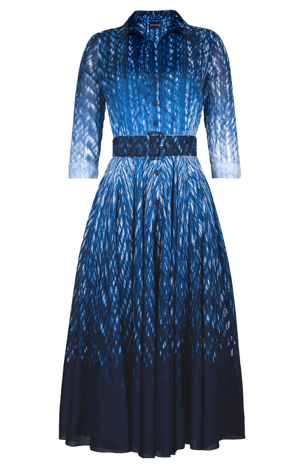 Aster Dress Shirt Collar 3/4 Sleeve Midi Plus Length Cotton Musola (Shibori Degrade)