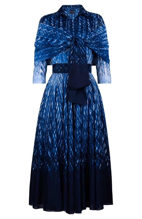 Aster Dress Shirt Collar 3/4 Sleeve Midi Plus Length Cotton Musola (Shibori Degrade)