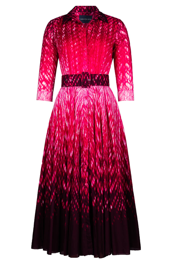Aster Dress Shirt Collar 3/4 Sleeve Midi Plus Length Cotton Musola (Shibori Degrade)