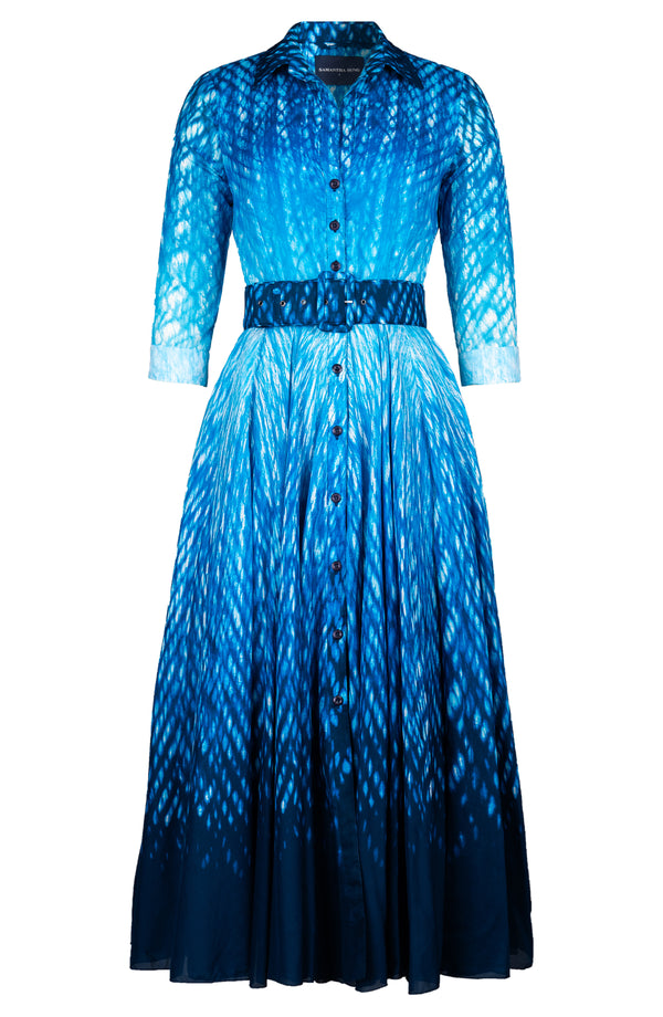 Aster Dress Shirt Collar 3/4 Sleeve Midi Plus Length Cotton Musola (Shibori Degrade)