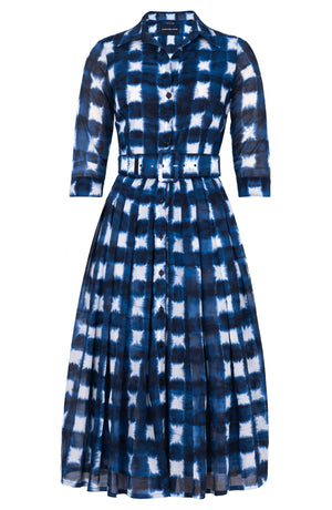 Audrey Dress #4 Shirt Collar 3/4 Sleeve Midi Length Musola (Shibori Gingham)