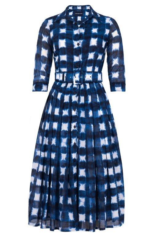Audrey Dress #4 Shirt Collar 3/4 Sleeve Midi Length Musola (Shibori Gingham)