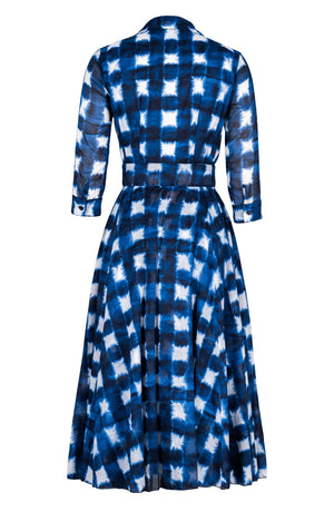 Aster Dress Shirt Collar 3/4 Sleeve Midi Length Cotton Musola (Shibori Gingham)