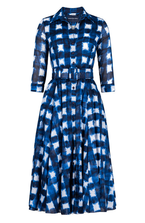 Aster Dress Shirt Collar 3/4 Sleeve Midi Length Cotton Musola (Shibori Gingham)